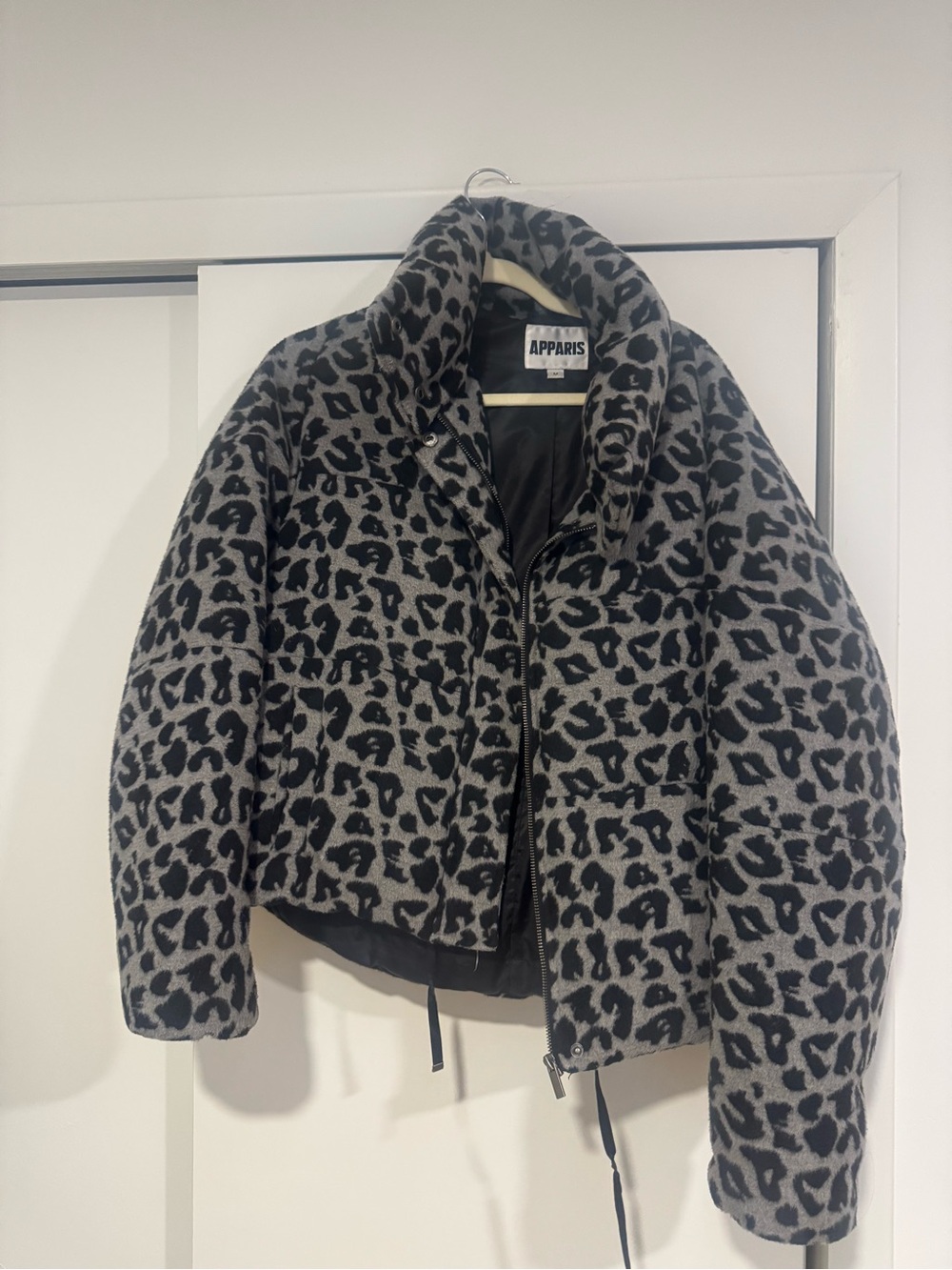 Apparis Black and Gray Leopard-Print Quilted Puffer Jacket